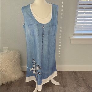 Blue Sleeveless Denim Dress with Floral Design